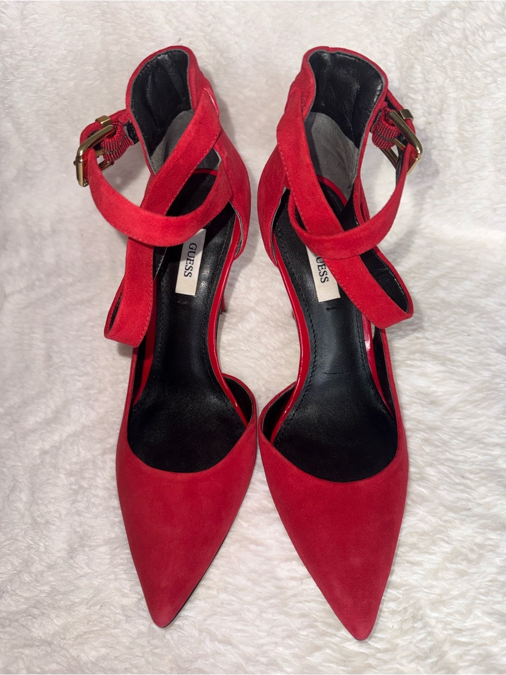 GUESS Red Pointed Ankle-Strap Suede Pumps